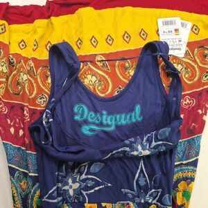 NWT Desigual Sz S Blue Tank Colorful Midi Dress Rhinestone Butterfly Maximalist